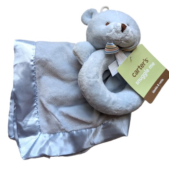 2011 Carter's Baby Bear Security Blanket Snuggle Me Blankie & Rattle 14x14" VTG - Picture 4 of 8